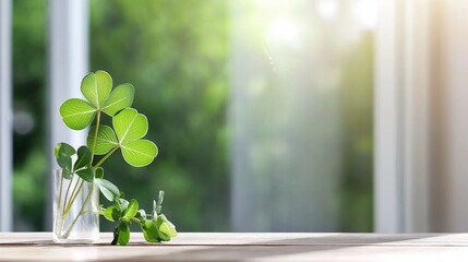 Canvas Print - close-up of a lucky four-leaf clover resting on a wooden table, with soft sunlight