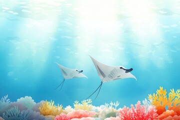 watercolor underwater adventure manta rays swimming in coral reefs ocean digital art serene viewpoin