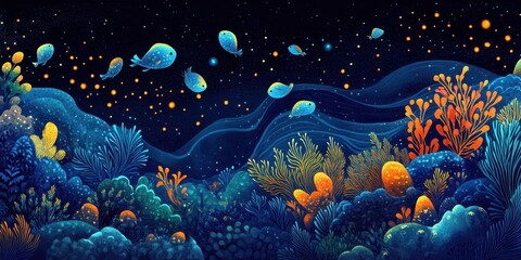 Sticker - Stylized undersea landscape with whimsical fish and coral reefs