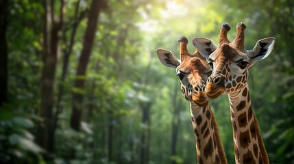giraffes in lush forest, wildlife scene