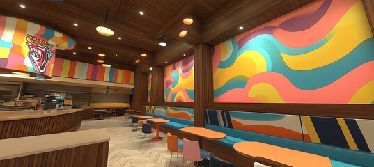 Poster - An artistic and vibrant cafe with creative decor, cozy seating, and a welcoming atmosphere 