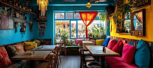 Poster - An artistic and vibrant cafe with creative decor, cozy seating, and a welcoming atmosphere 