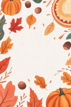 thanksgiving illustration with autumn border featuring pumpkins, leaves, turkey, and pie in soft pastel colors