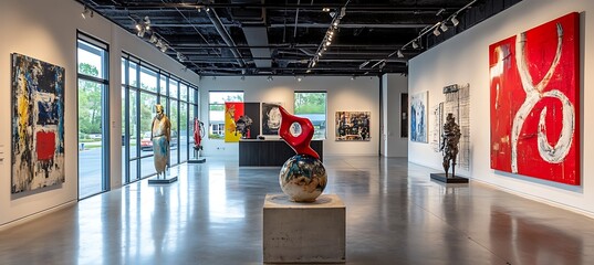 Poster - An artistic gallery space with unique displays, open layout, and dramatic lighting