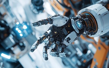 Poster - A close-up view of a futuristic robotic hand showcasing intricate mechanics and advanced technology. The design highlights precision engineering and innovation in robotics.