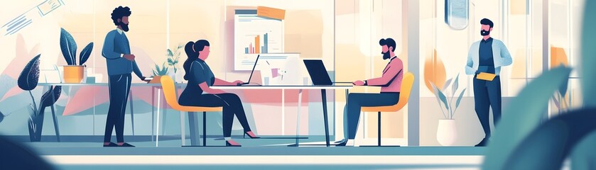 Poster - A dynamic office scene featuring diverse professionals collaborating on a project. The modern workspace is designed for creativity, with a stylish aesthetic and vibrant colors.