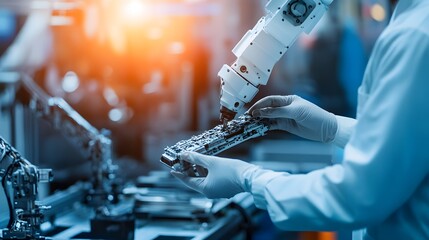 Poster - A robotic arm is skillfully manipulating a component in a modern manufacturing facility, showcasing advanced technology and precision engineering in an industrial setting.
