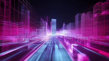 Poster - A vibrant abstract representation of a futuristic city skyline, featuring illuminated buildings and dynamic light trails, evoking a sense of innovation and advanced technology.
