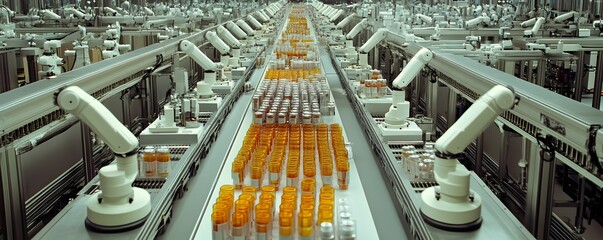 Poster - An advanced automation system in a modern factory showcasing robotic arms operating on a production line, efficiently handling bottles and containers in a streamlined process.