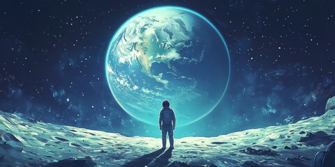 Wall Mural - astronaut standing on moon gazing at earth from space