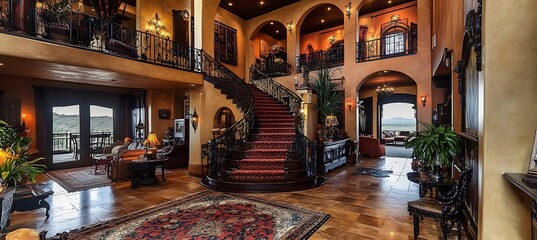 Poster - An elegant foyer with high ceilings, grand staircase, and sophisticated decor