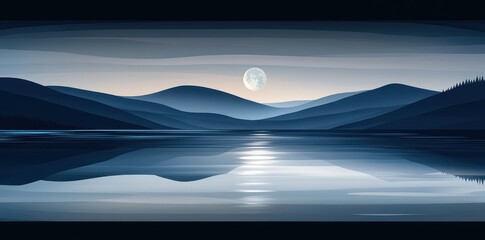 Wall Mural - Blue mountains are reflecting in the lake under a full moon