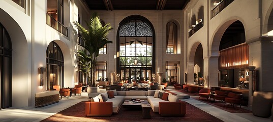 Poster - An elegant hotel lobby with grand architecture, high ceilings, and sophisticated furnishings