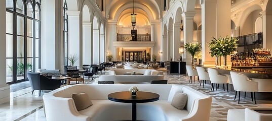 Poster - An elegant hotel lobby with grand architecture, high ceilings, and sophisticated furnishings