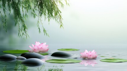 Wall Mural - Pink lotuses bloom on water with lily pads, stones, willow branches, and a misty background