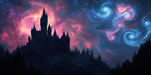 Poster - Majestic castle silhouette stands against a vibrant cosmic night sky