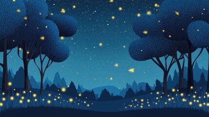 Poster - Cartoon night landscape showing trees stars and fireflies glow