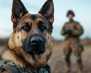 Military dog portrait with soldier in background. Possible defense use. Generative AI