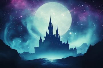 Poster - Silhouette of a castle beneath a radiant moon and starry sky