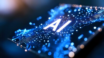 Poster - Glowing artificial intelligence processor chip with blue light effects and bokeh particles on dark background, modern technology concept for machine learning.