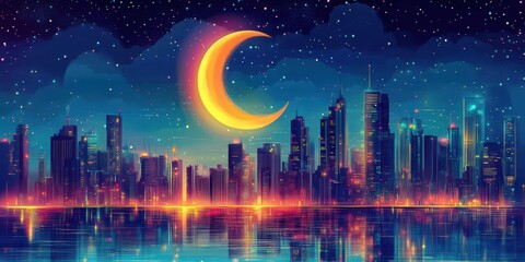 Wall Mural - Crescent moon illuminates a vibrant cityscape at nighttime scene