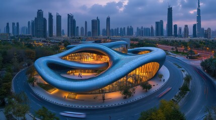 Canvas Print - Modern architectural building at dusk, Dubai cityscape, park in background, aerial view