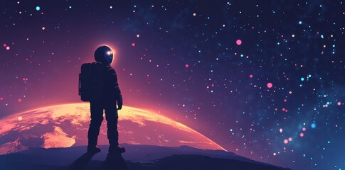 Wall Mural - astronaut contemplates an exoplanet amidst a vibrant and colorful galaxy