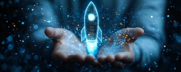 Poster - Glowing blue rocket hologram floating above open hands against dark background with sparkles and bokeh lights, symbolizing business startup and innovation.