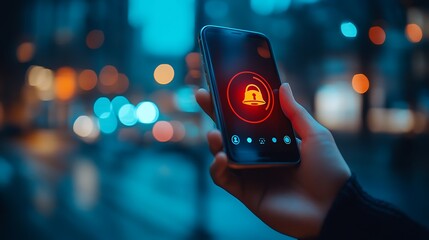 Poster - Person holding smartphone with security alert notification at night.