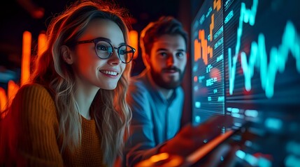 Poster - Young Caucasian woman in glasses and orange sweater smiling while analyzing financial market data with male colleague, illuminated by blue trading screens in dark office.