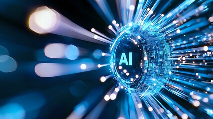 Poster - futuristic artificial intelligence concept with glowing blue light rays and ai text in digital circl
