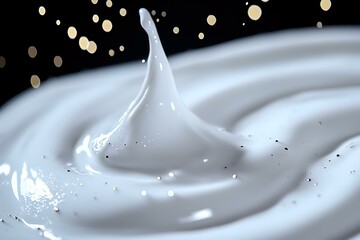Poster - Swirling white cream or milk splash with droplets against dark background with bokeh lights, macro photography capturing liquid motion and texture in detail.