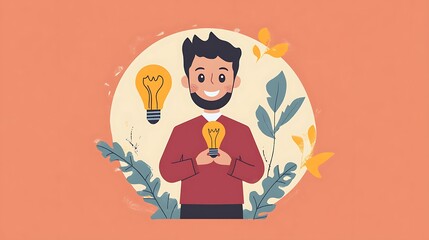 Poster - Happy man holding a lightbulb, symbolizing a great idea or innovation.