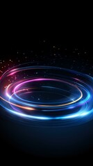 Poster - Glowing spiral light trails with pink and blue neon effects against dark background create dynamic motion and energy for technology or space designs.