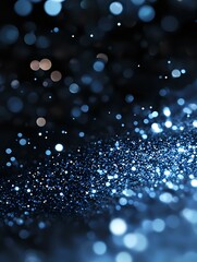 Poster - Magical blue glowing particles and bokeh lights scattered on dark background create dreamy atmosphere for festive designs and holiday projects.
