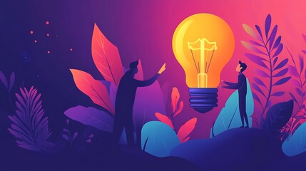 Poster - Two figures collaborate, reaching for a glowing lightbulb amidst stylized foliage.
