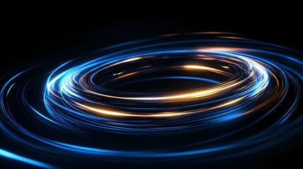 Poster - Glowing spiral light trails in blue and gold colors against black background create dynamic motion effect for technology and science designs.
