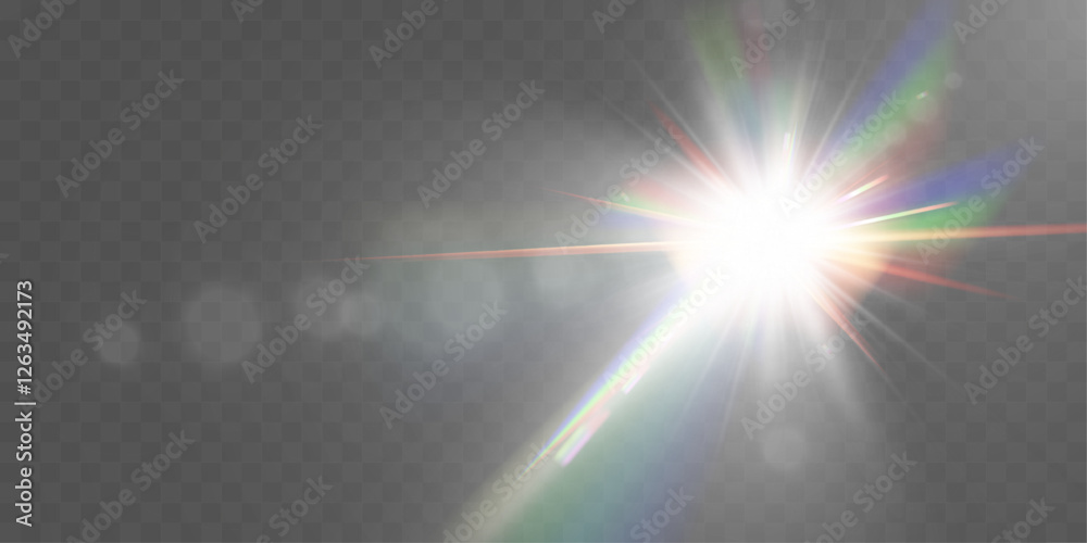 Bright lens flare with rainbow light effects on transparent background ...
