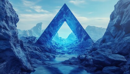 Poster - Abstract Virtual Landscape: Blue Rocks And Mountains. Surreal Wallpaper Featuring A Fantastic Design With A Triangular Portal. Striking And Imaginative Artwork.