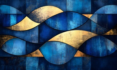 Poster - Abstract geometric background with blue and gold curves and textured surfaces