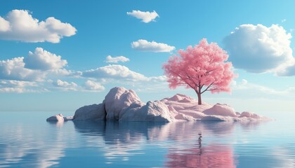 Poster - Unique Abstract Surreal Landscape: Pink Island Oasis With Tranquil Waters, Tree Symbolism, And Blue Sky With White Clouds - Modern Wallpaper Design.