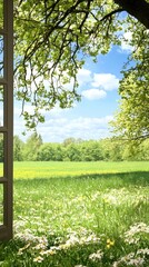 Wall Mural - Spring meadow view from window; open door, sun, trees, flowers