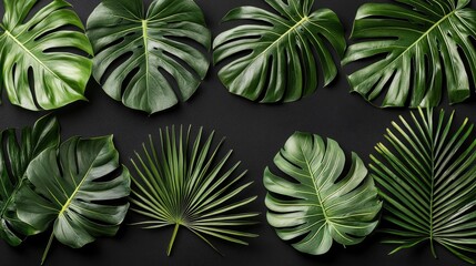 Wall Mural - Tropical leaves flatlay, dark background, nature, design, website banner