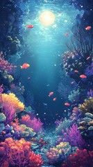 Sticker - Vivid coral reef ecosystem beneath shimmering water and radiant sunlight