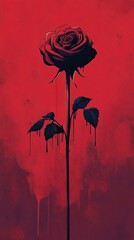 Wall Mural - A single dark red rose drips against a red background