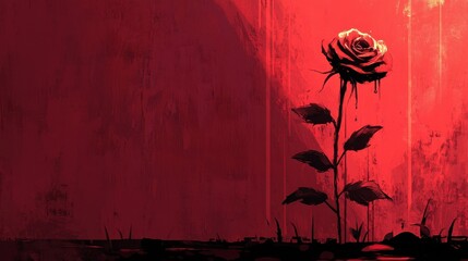 Wall Mural - Single dark red rose with dripping petals in spotlight