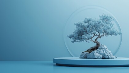 Poster - Japanese Abstract: Podium And Bonsai Tree With Blue Background For Product Presentation. High-Quality Rendering Included.