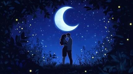 Poster - Couple embraces under moonlight amidst a magical enchanted forest