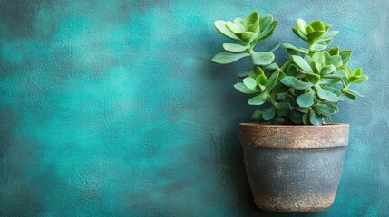 Wall Mural - Jade plant pot teal background home decor