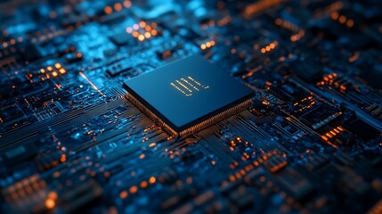 Aufkleber - Close-up of a computer processor on a circuit board, glowing orange and blue.